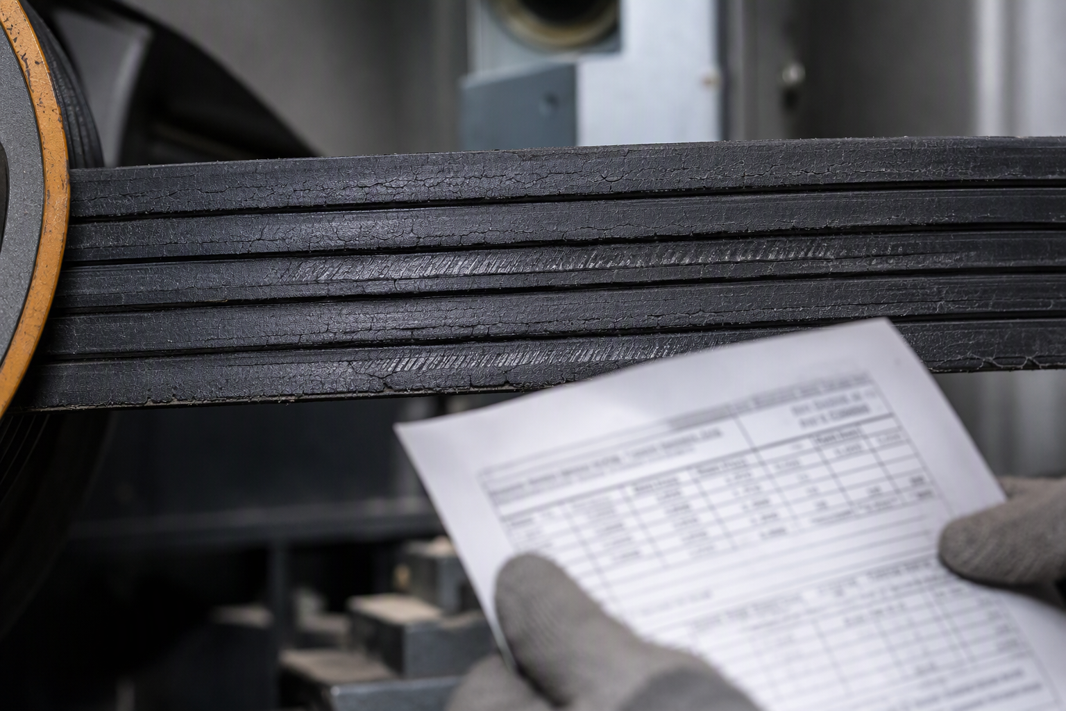 Close-up of a flat coated steel MRL elevator belt showing surface wear on the polyurethane jacket, the most common component cited in elevator belt replacement recommendations