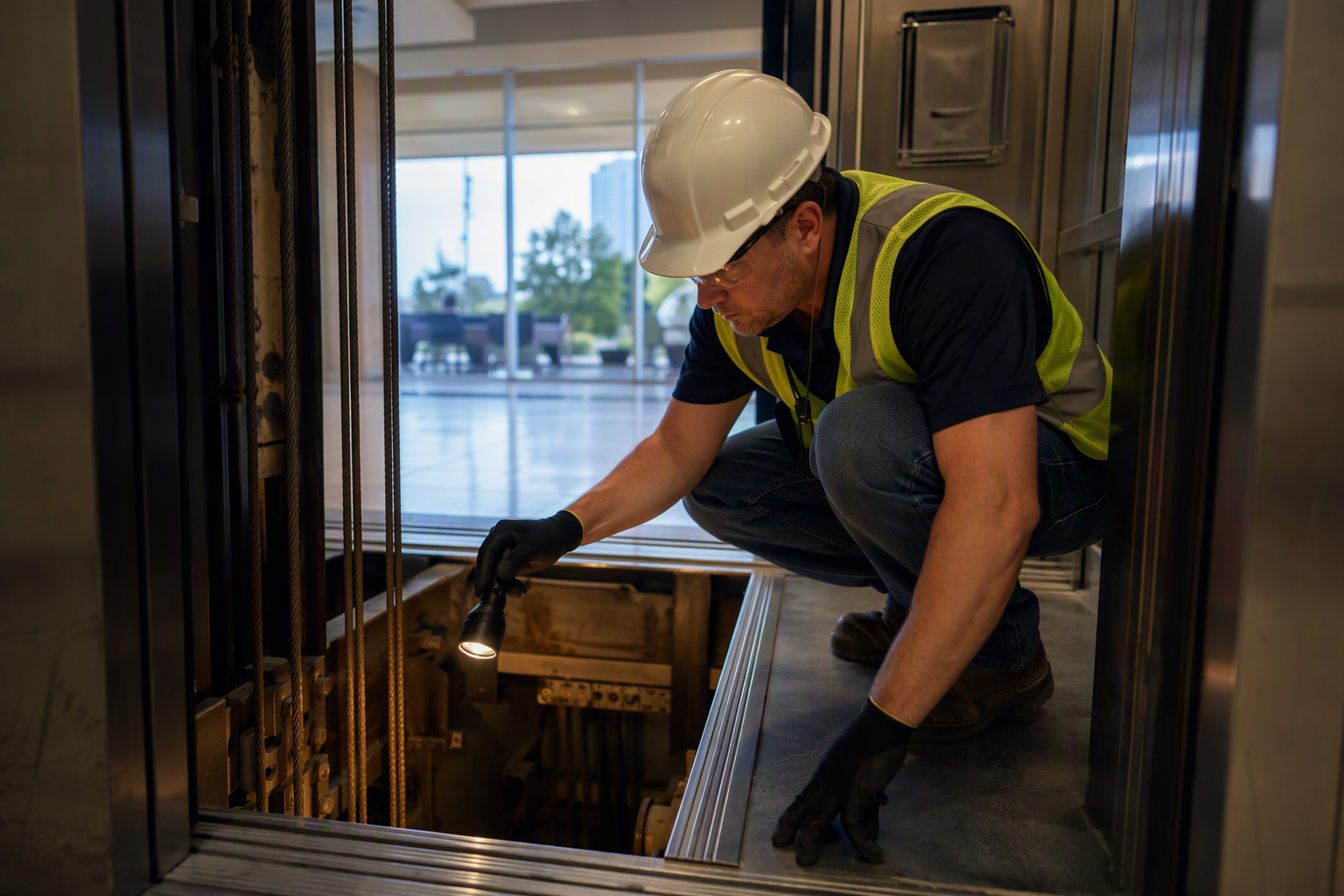 Independent certified elevator inspector examining wire ropes in a Dallas office building hoistway as part of a second opinion assessment on a belt and rope replacement recommendation