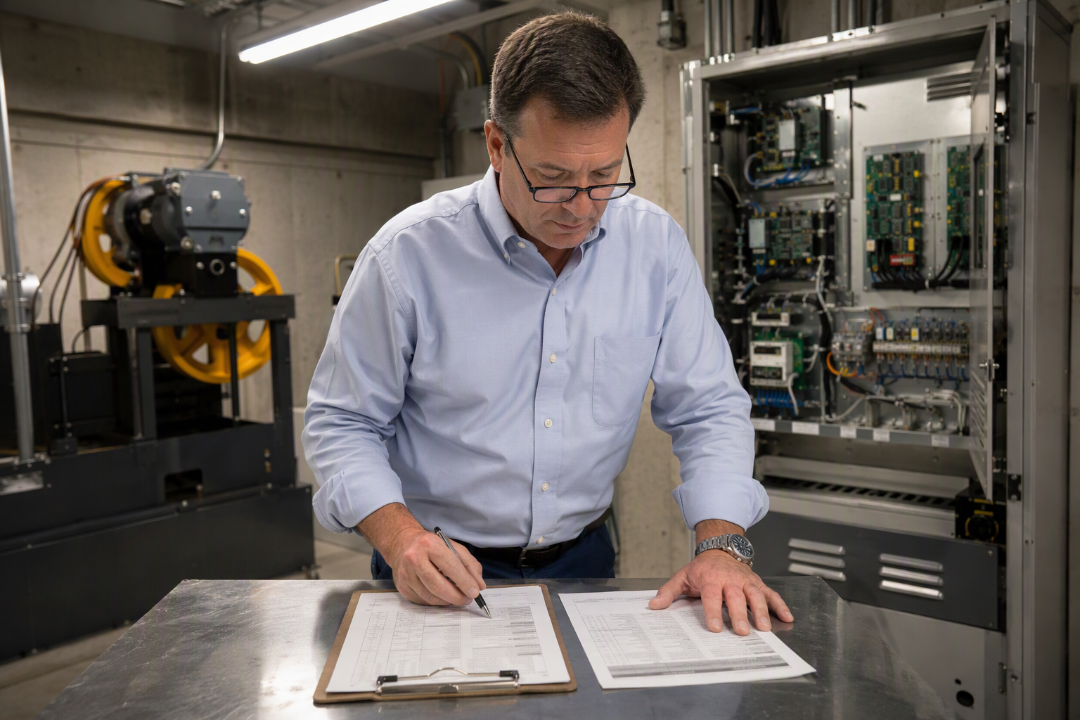 Building manager comparing two elevator belt inspection reports in a Houston commercial elevator machine room before authorizing belt replacement work
