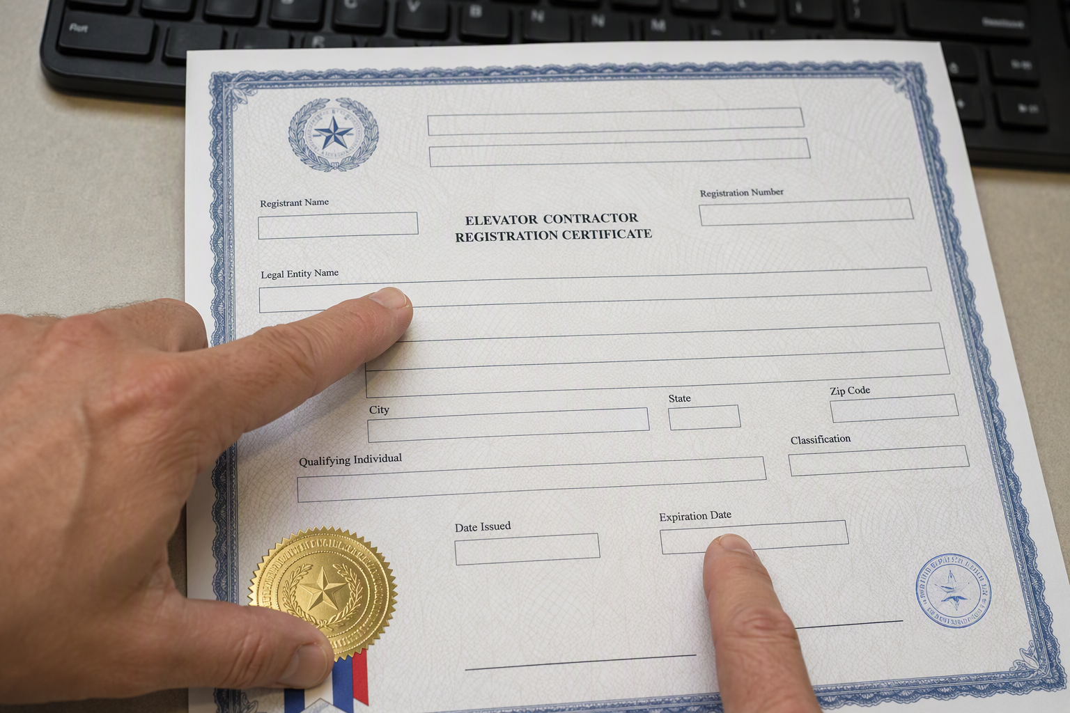 Texas elevator contractor registration certificate on desk being reviewed to verify new ownership and TDLR registration status after an elevator company ownership change.