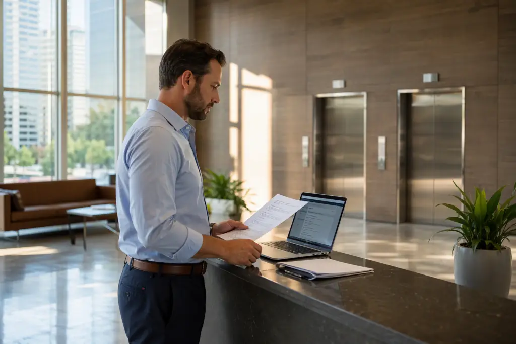 Building manager in Houston office lobby reviewing elevator maintenance contract and ownership records after elevator company sale, with stainless elevator doors visible behind.