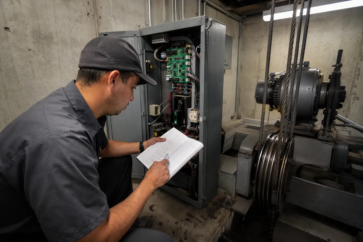 Elevator technician in Dallas machine room reviewing service logbook and controller equipment tags to verify contractor credentials and compliance during an elevator company ownership transition.