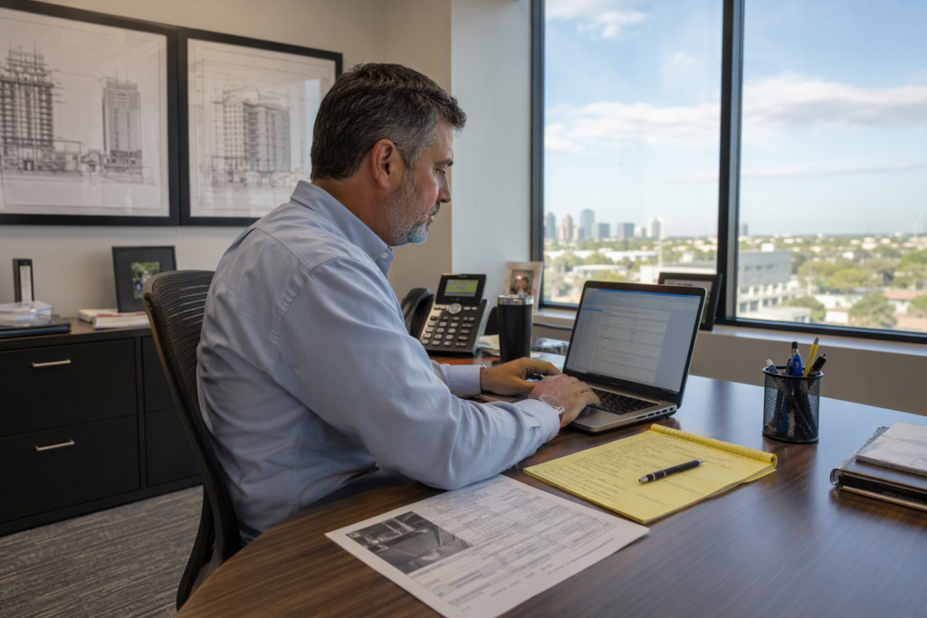 Building manager submitting an elevator repair quote request through an elevator service company website on a laptop in a Houston commercial office.