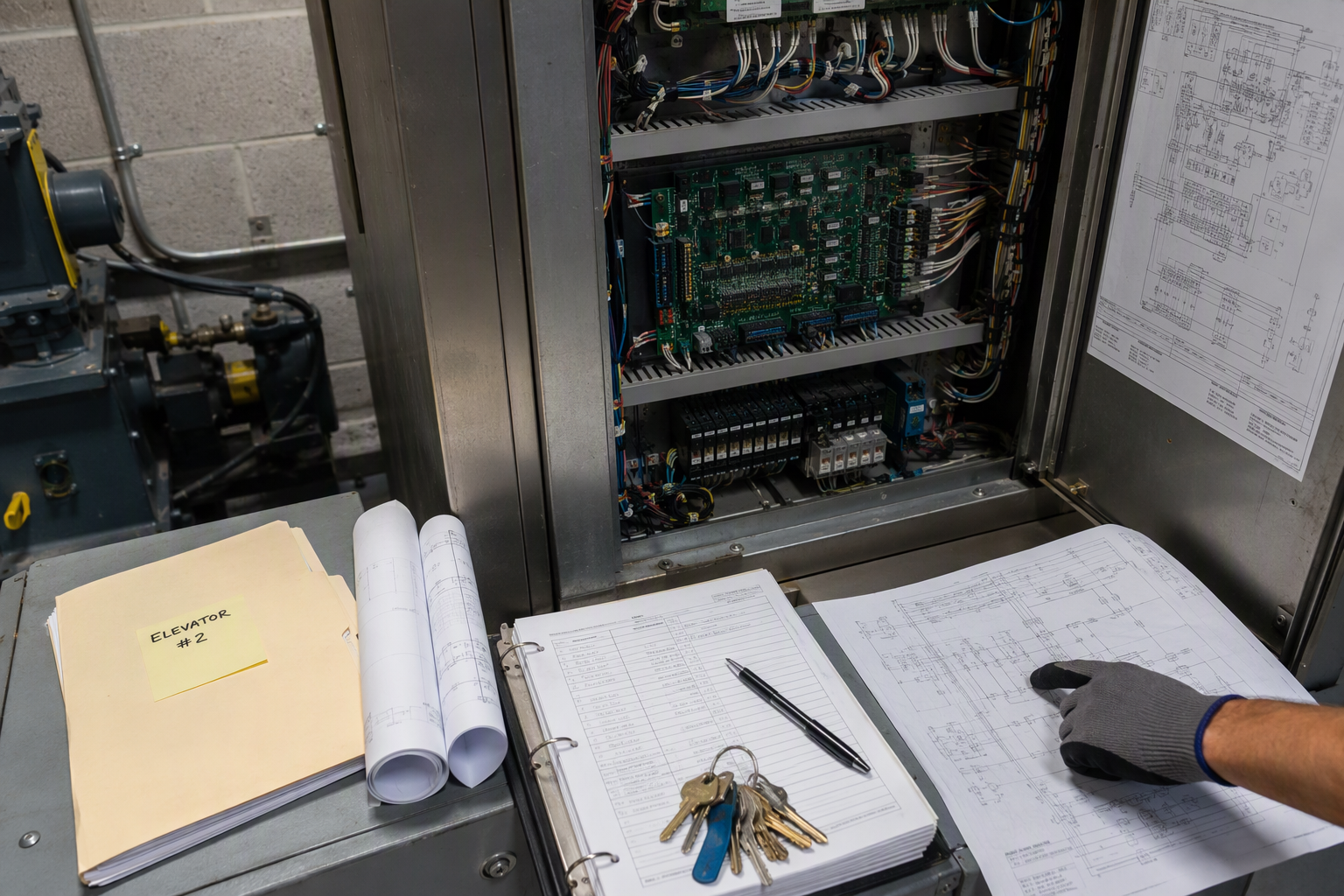 Elevator machine room controller and maintenance documentation in a Dallas building, showing the technical records required for a smooth elevator service company transition without service gaps.