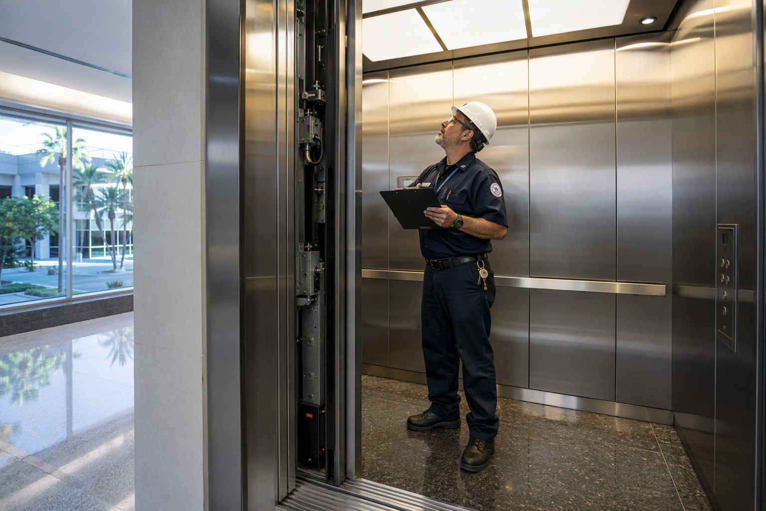Certified elevator inspector examining a modernized cab interior in a Los Angeles office building, verifying compliance and permit standing before completing a switch to a new elevator service company