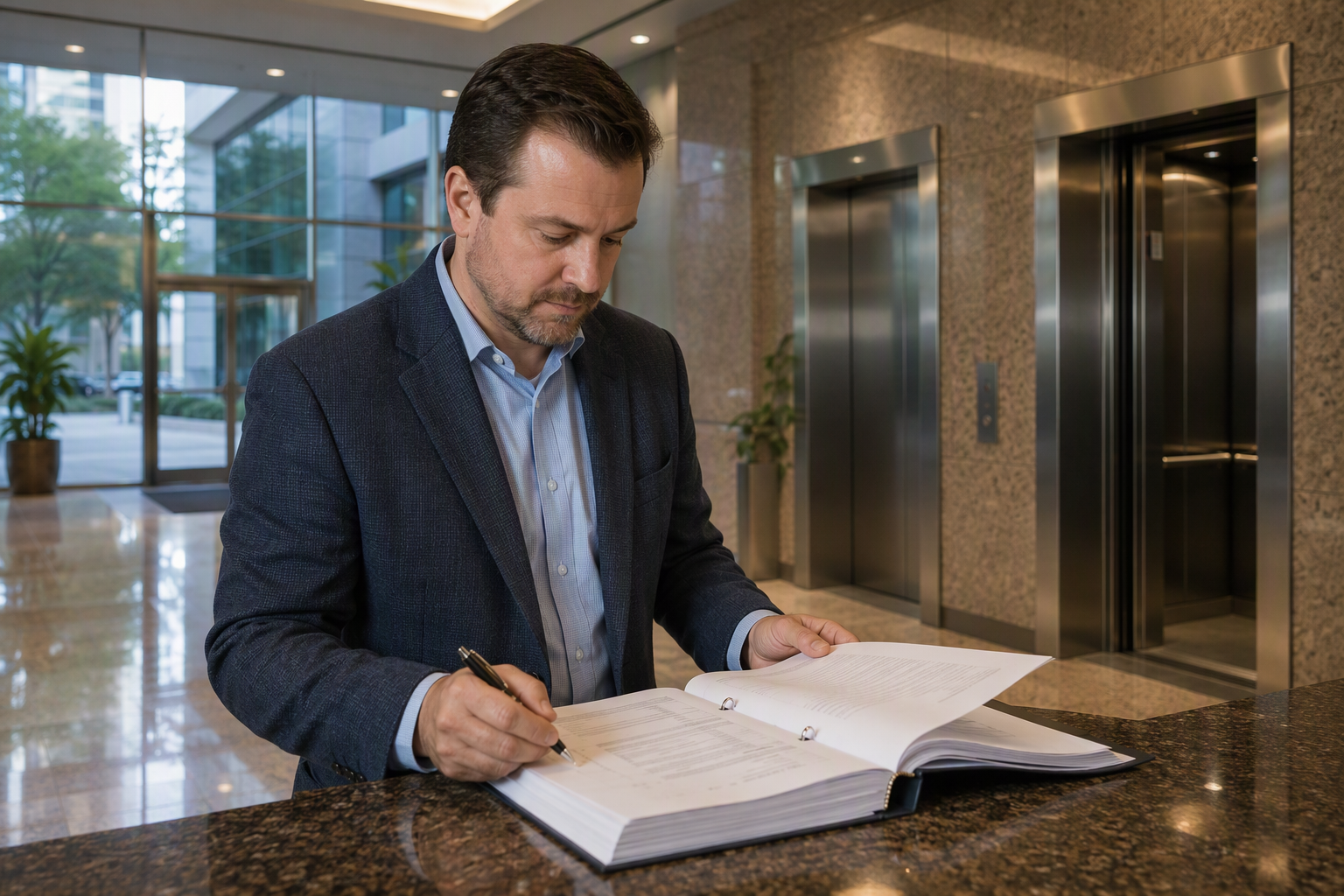 Building manager reviewing an elevator maintenance contract in a Houston commercial lobby before switching elevator service companies to avoid penalties or service gaps.