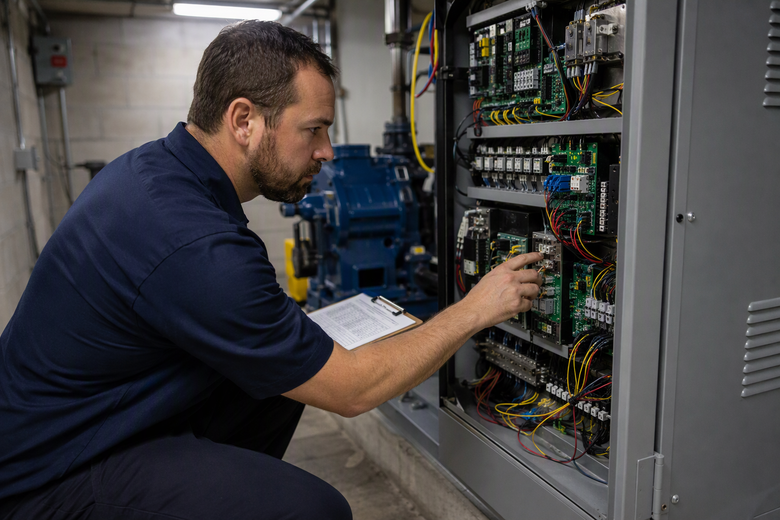 Elevator Machine-Room Controller Inspection Houston TX Licensed elevator technician inspecting a machine-room controller in Houston TX, ensuring no compliance gap occurs when switching elevator service providers under Texas TDLR or city program requiremen