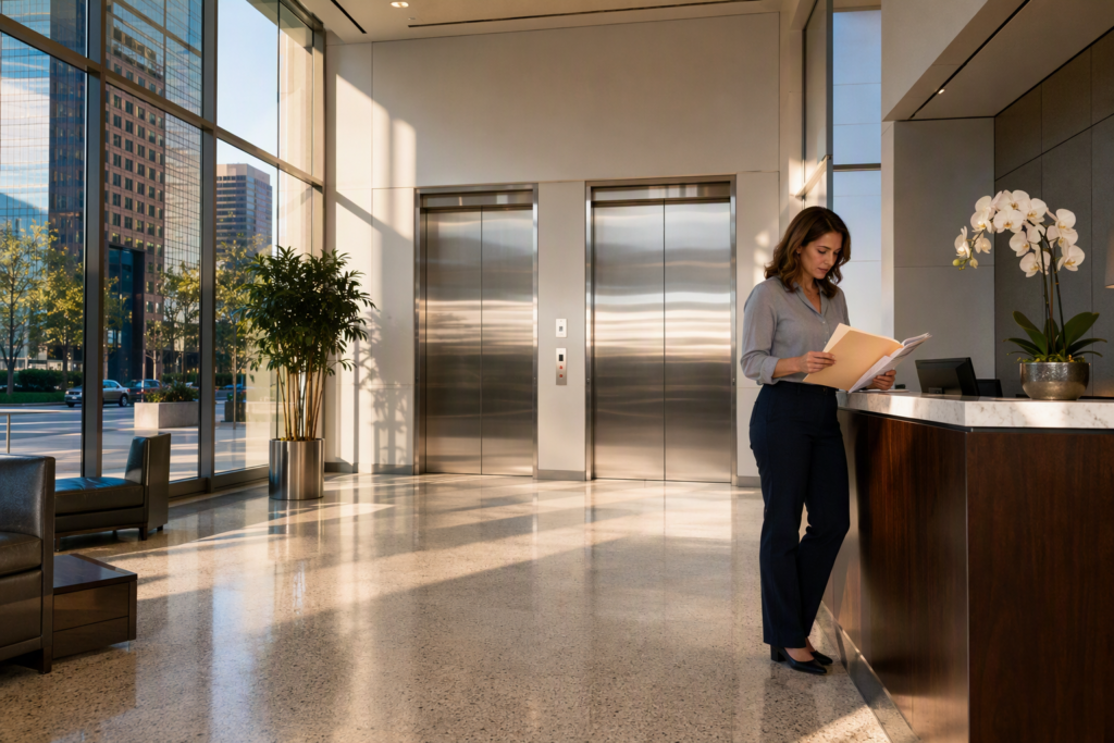 Houston TX building property manager reviewing elevator compliance documents in a modern lobby while preparing to switch elevator service companies without a warranty or compliance lapse.