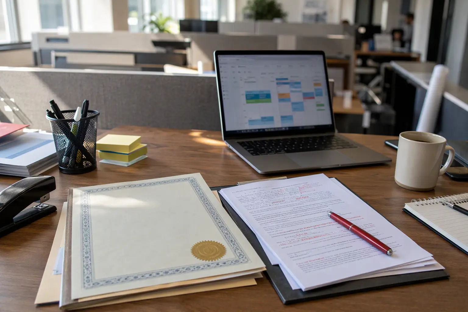 Elevator Compliance Documents and Service Contract Review Houston TX property manager's desk showing elevator Certificate of Compliance and new service contract documents during an elevator service company transition to avoid warranty voiding or compliance l