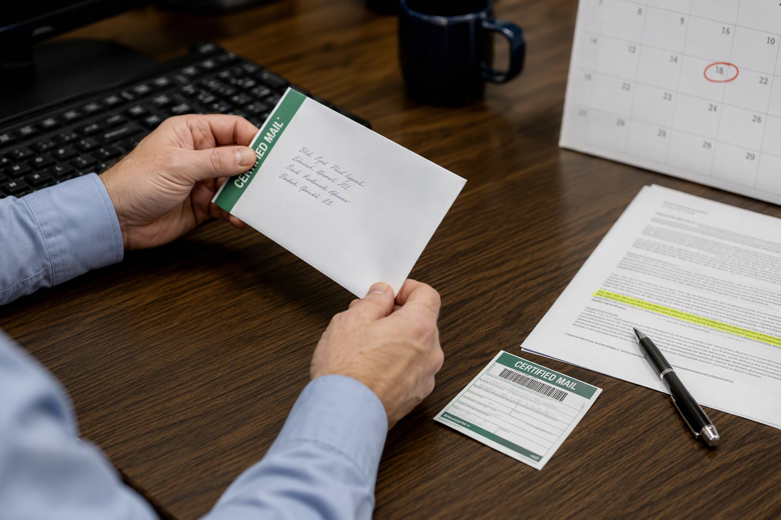 Property manager sending certified mail termination notice to current elevator company within the required contract notice window to avoid penalties