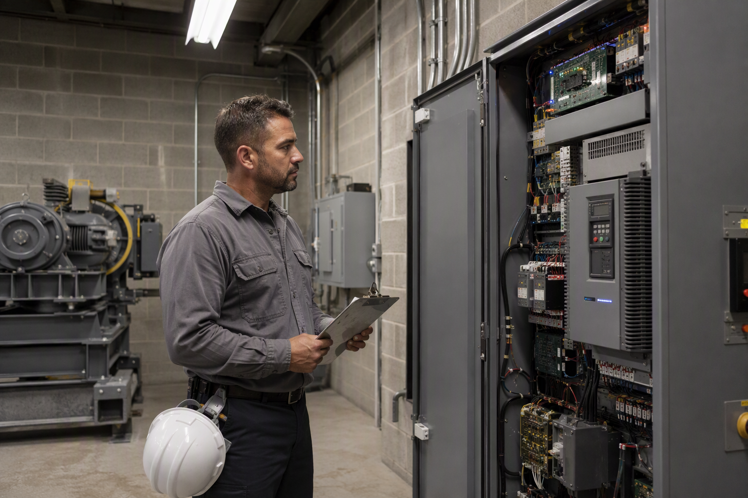 Elevator technician conducting pre-transition inspection of machine room controller during elevator service company switch to prevent lapse in coverage