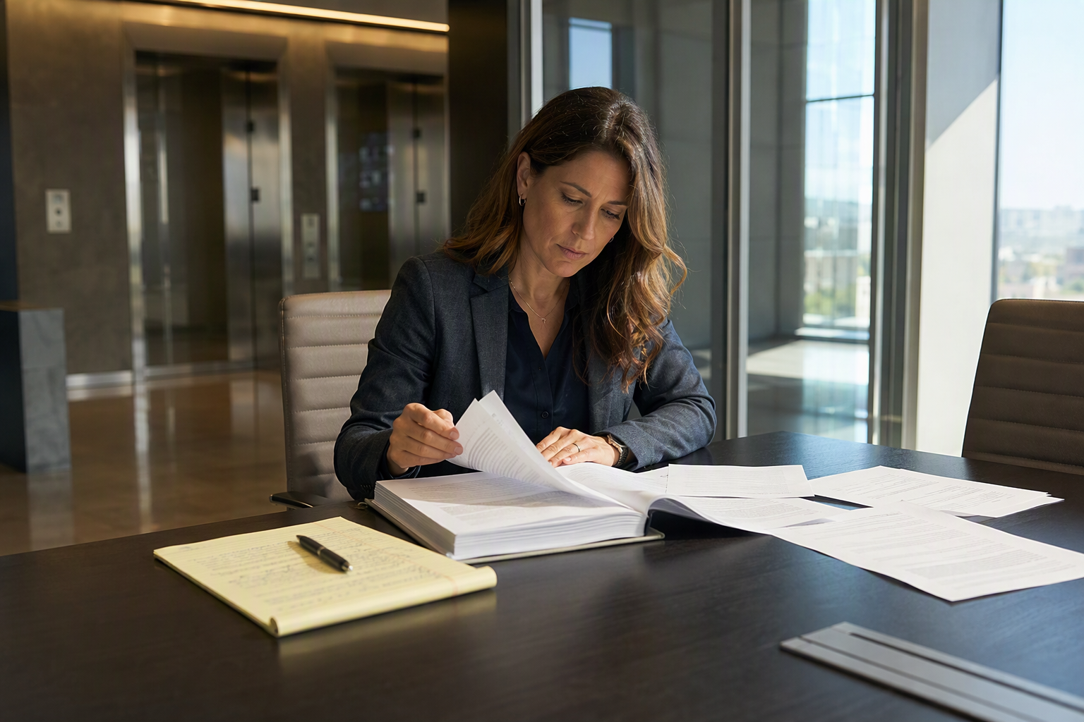 Building manager reviewing elevator service contract termination clauses before switching elevator service companies in a Houston commercial office building