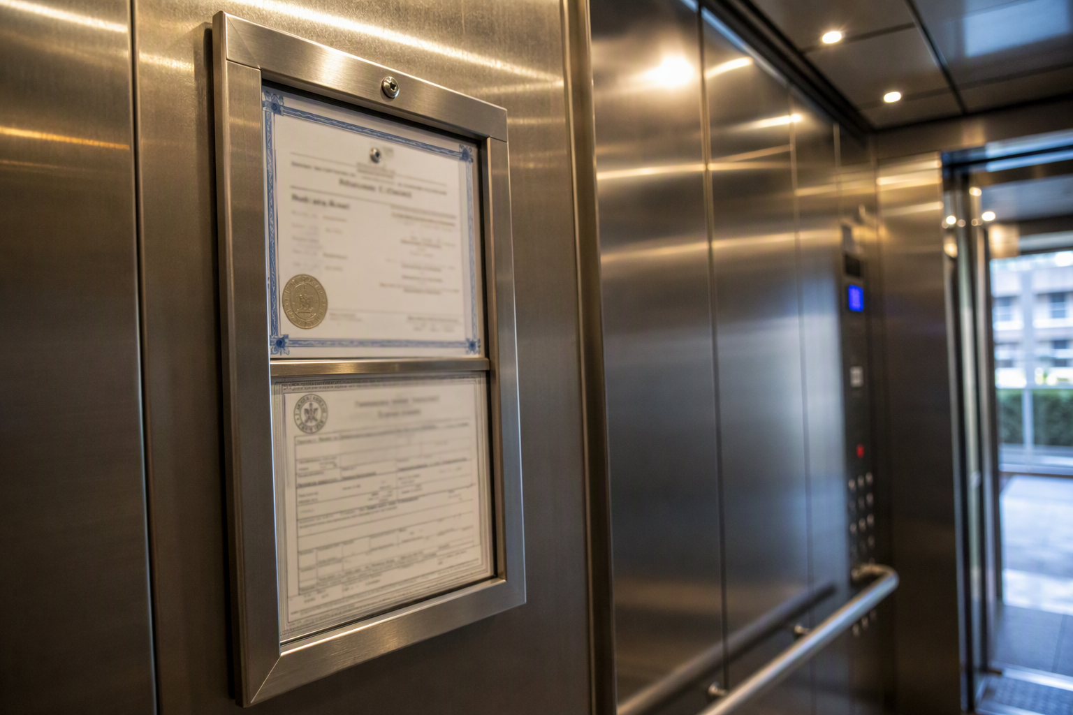 Elevator permit to operate and certificate of compliance posted inside a commercial elevator cab, owned by the building owner under Texas TDLR and California Cal/OSHA regulations