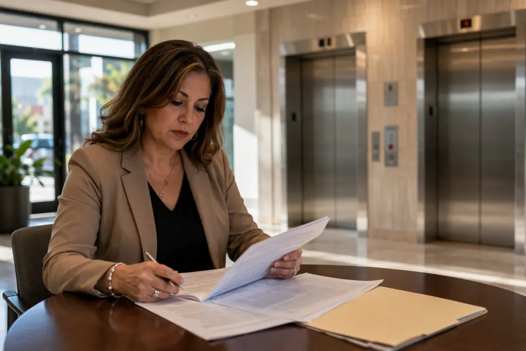Building manager reviewing elevator maintenance contract termination clause and inspection records before switching elevator service companies in a Houston TX commercial lobby