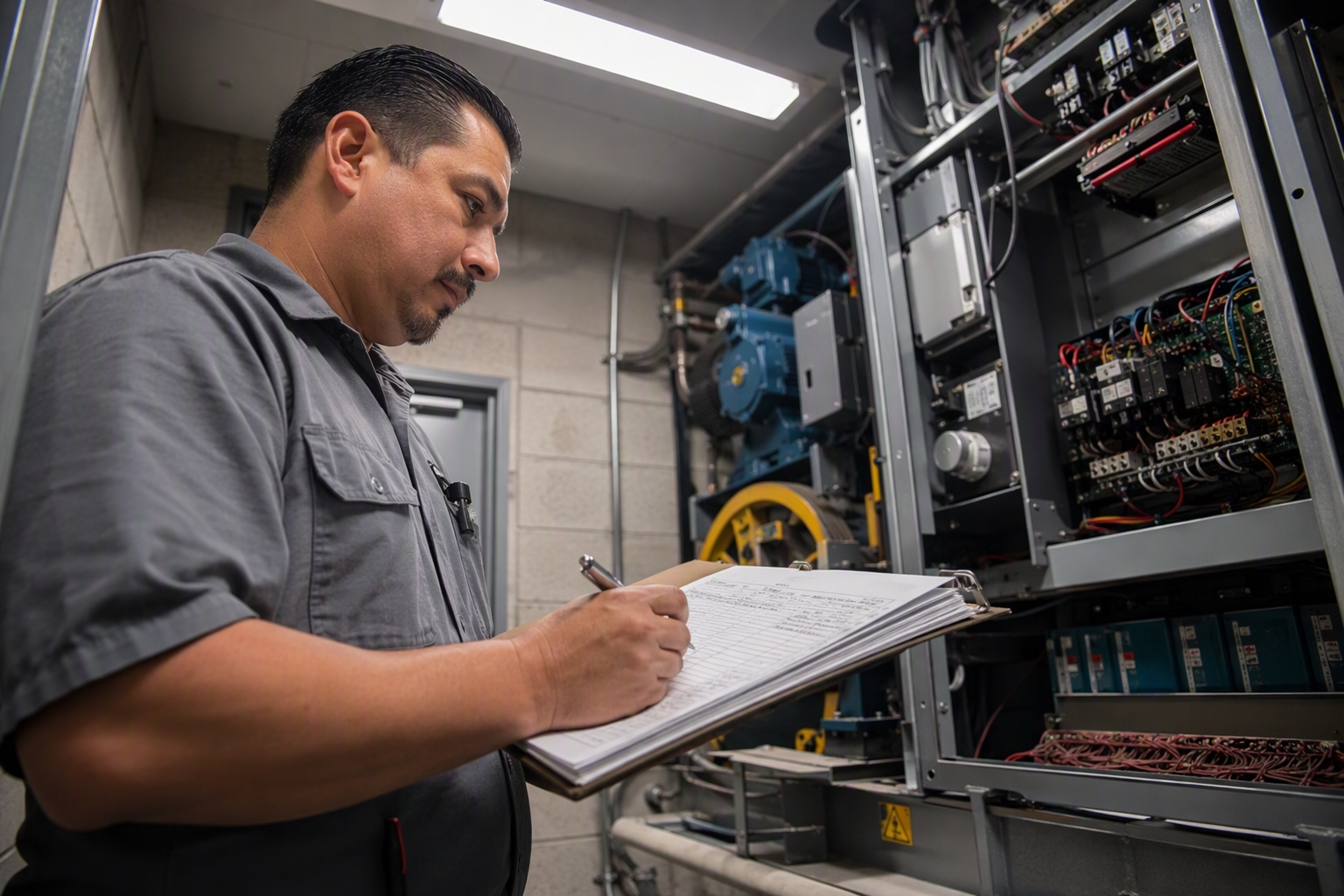 Elevator technician reviewing inspection logs and maintenance records in a Dallas machine room during a compliance-focused transition between elevator service companies