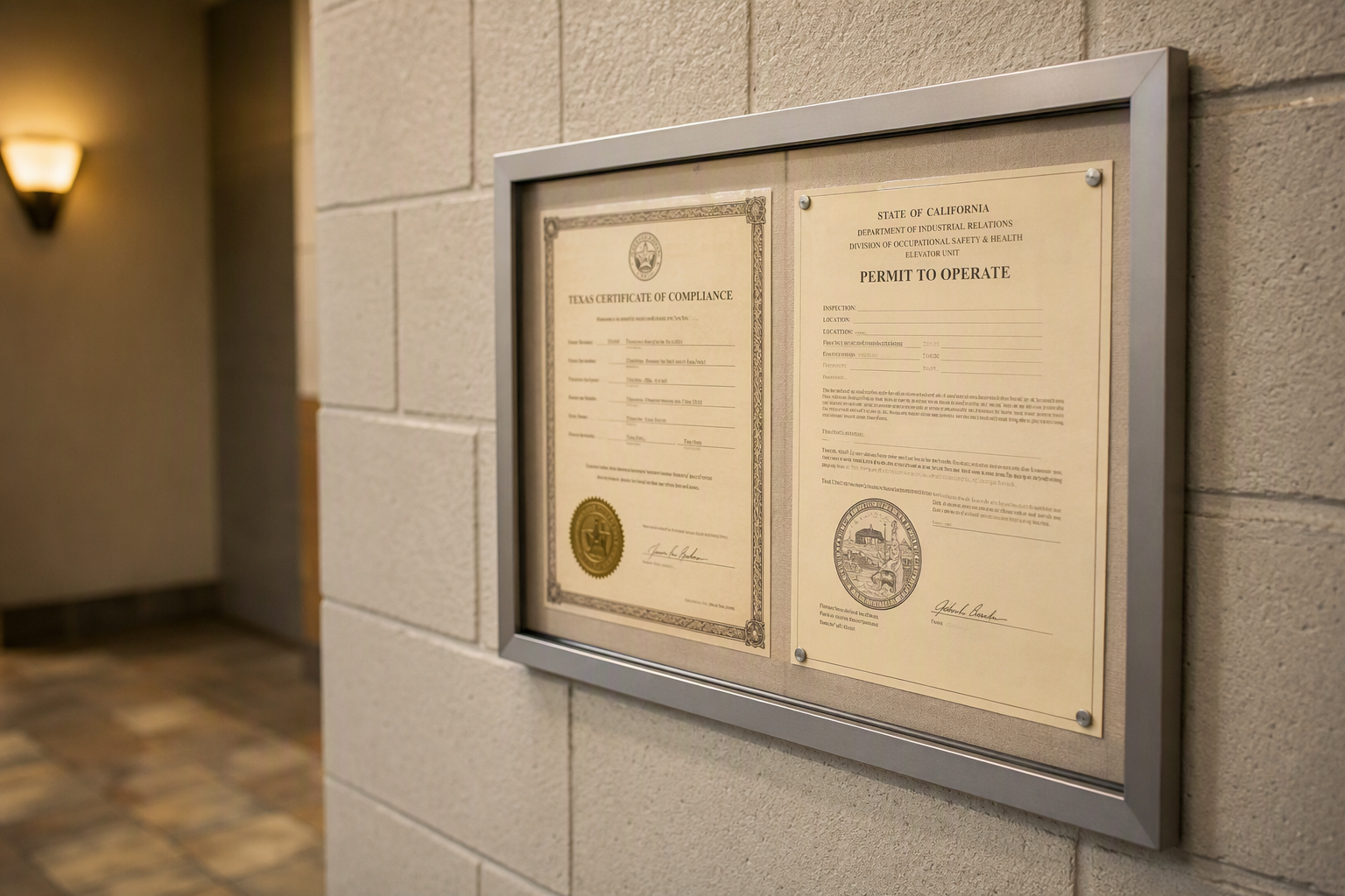 Texas Certificate of Compliance and California elevator permit to operate displayed in a San Antonio commercial building lobby, representing continuous compliance during an elevator service company sw