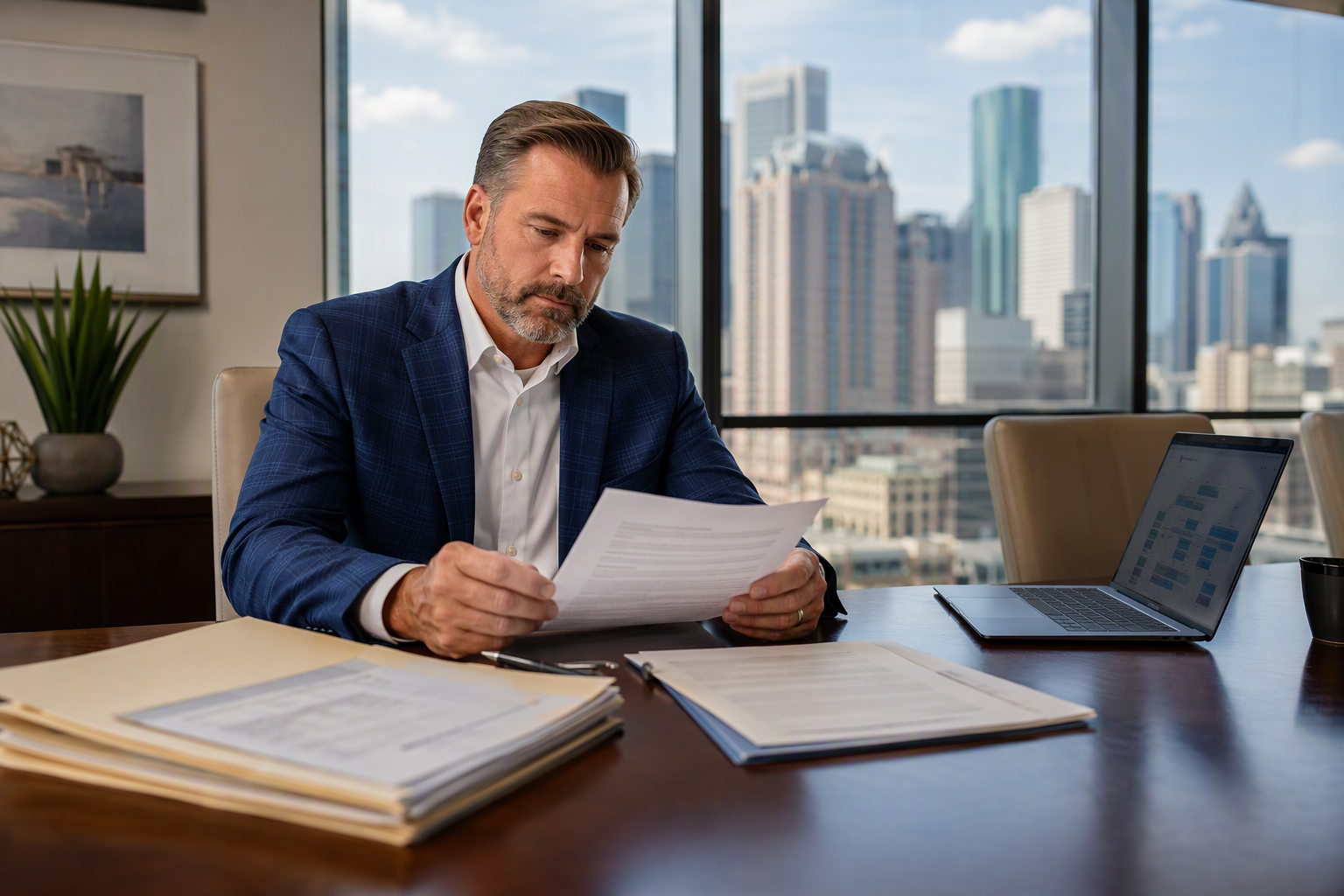 Facilities manager reviewing elevator service contracts and compliance documents in a Houston high-rise office while planning a switch between elevator service companies
