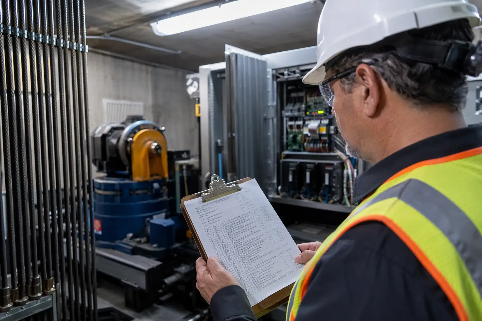 TDLR-registered elevator inspector completing an inspection report in a Dallas commercial building machine room, documenting compliance findings within the five-day reporting window.