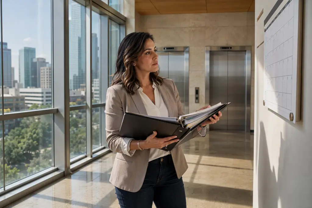 Property manager reviewing elevator inspection compliance calendar in a Houston high-rise lobby, with stainless-steel elevator doors visible in the background.