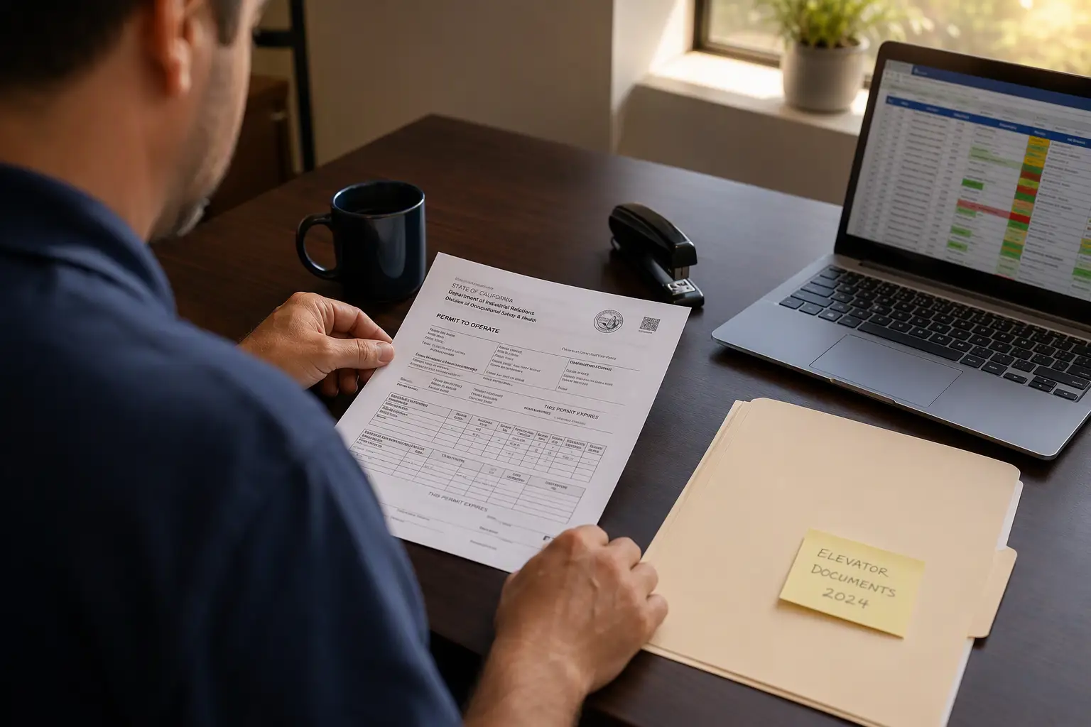 San Diego building facilities manager reviewing a Cal/OSHA elevator permit-to-operate document at a desk, cross-referencing a compliance tracking spreadsheet to manage annual reinspection scheduling.