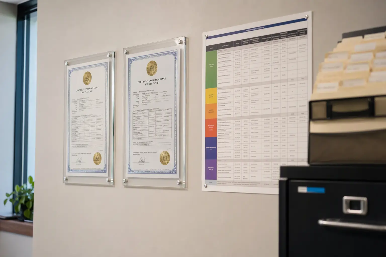 Elevator Certificates of Compliance and inspection schedule calendar mounted in a San Antonio commercial building management office for multi-property compliance tracking