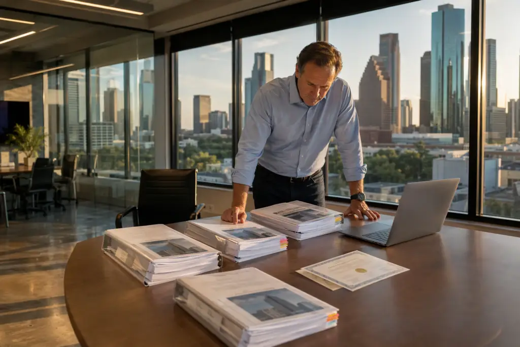 Facilities director reviewing elevator service and maintenance contracts for a multi-building portfolio in a Houston high-rise management office