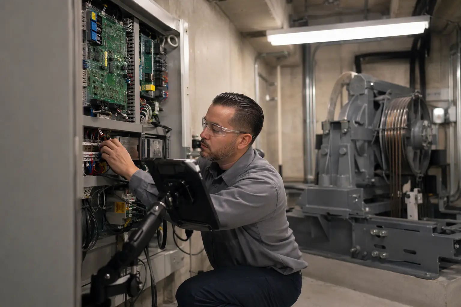 Licensed elevator technician inspecting machine room control panel in a Los Angeles commercial building while cross-referencing digital maintenance logs on a tablet