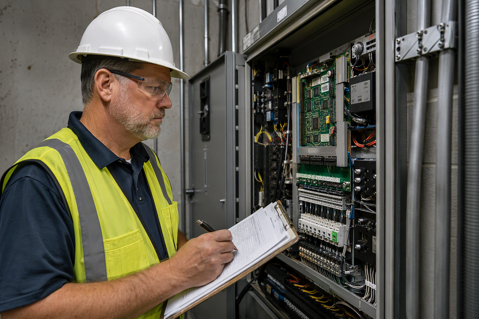 Elevator inspector documenting findings on a compliance inspection form inside a Dallas commercial building machine room during an annual TDLR inspection