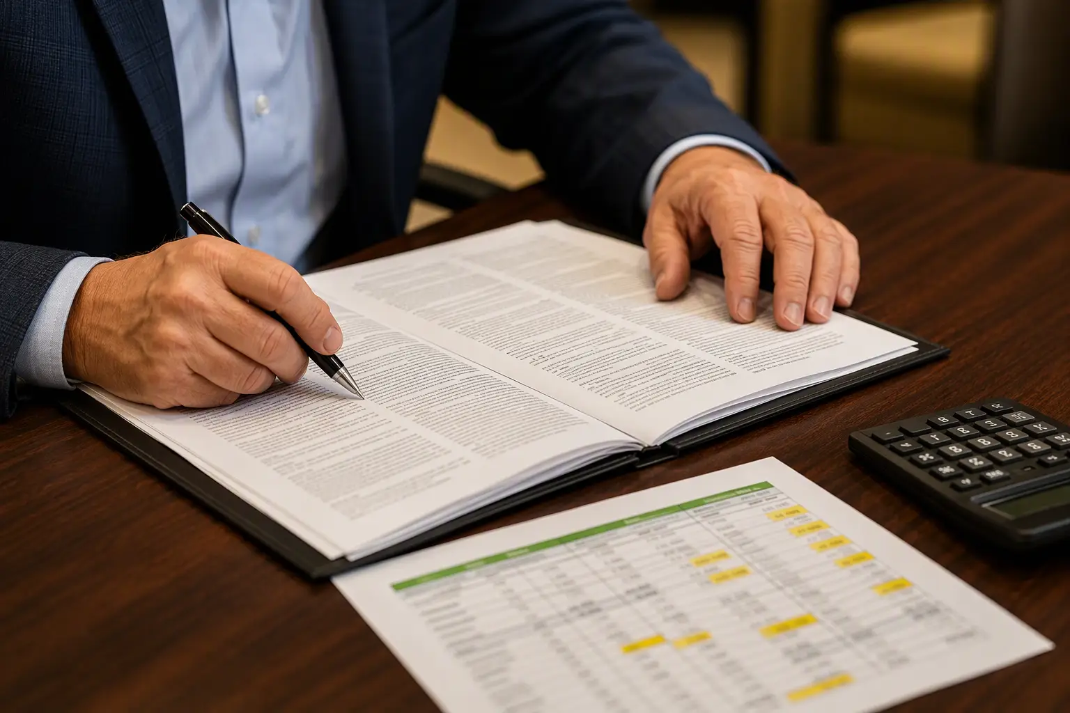 Building portfolio manager reviewing a multi-property elevator maintenance contract and cost comparison sheet to avoid overpaying for elevator service across buildings