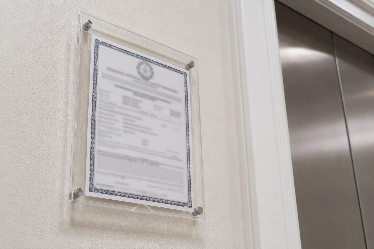 TDLR Certificate of Compliance displayed on wall beside residential elevator door in Texas home, required annually for elevator maintenance and inspection compliance