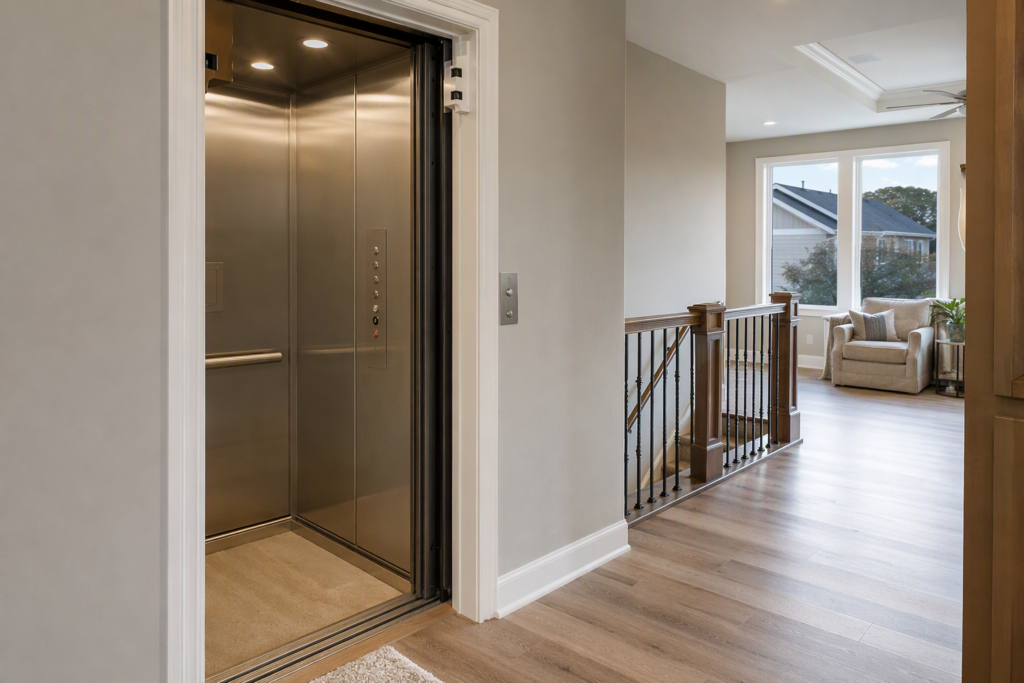 Residential elevator with open stainless-steel doors inside a Jollyville TX suburban home, illustrating elevator repair and maintenance compliance requirements