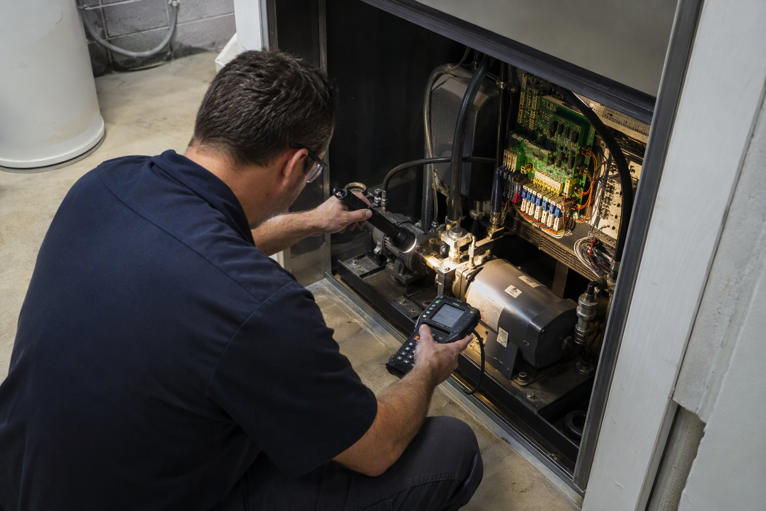 Elevator service technician inspecting hydraulic pump and control board during residential elevator maintenance visit in Austin-area Texas home