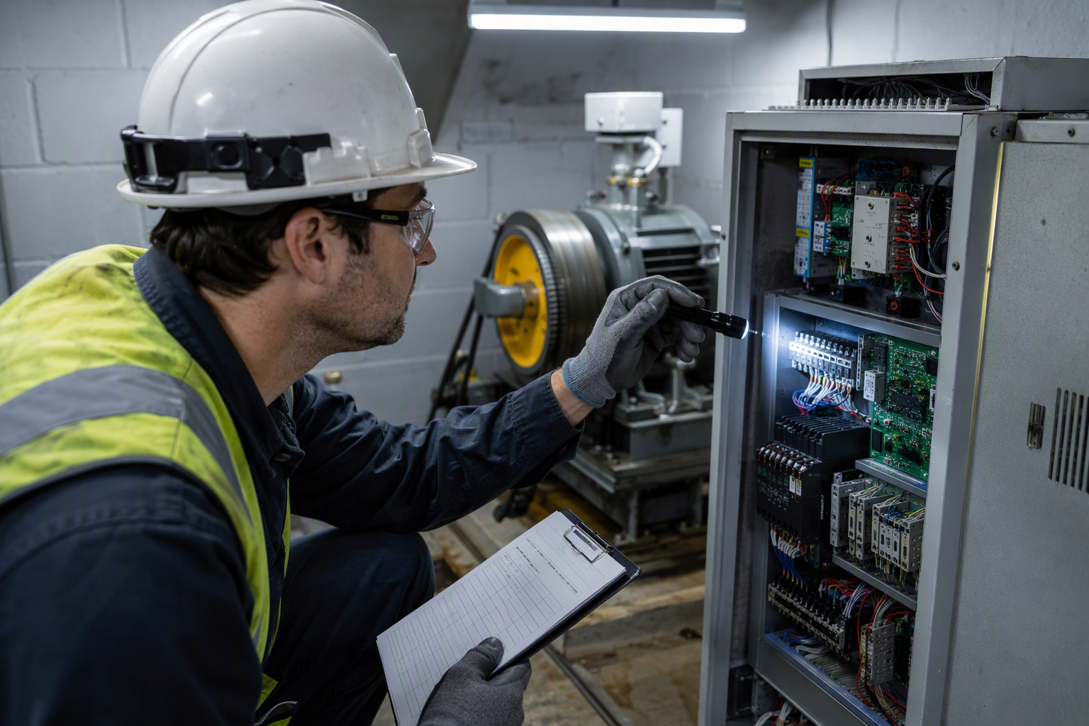TDLR-registered elevator inspector reviewing motor controller documentation in a Dallas Texas building machine room during an annual elevator inspection