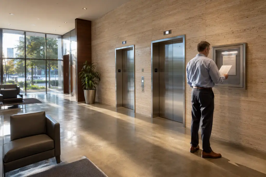 Building manager reviewing an elevator Certificate of Compliance posted in a Houston Texas office building lobby near TDLR-regulated elevator doors