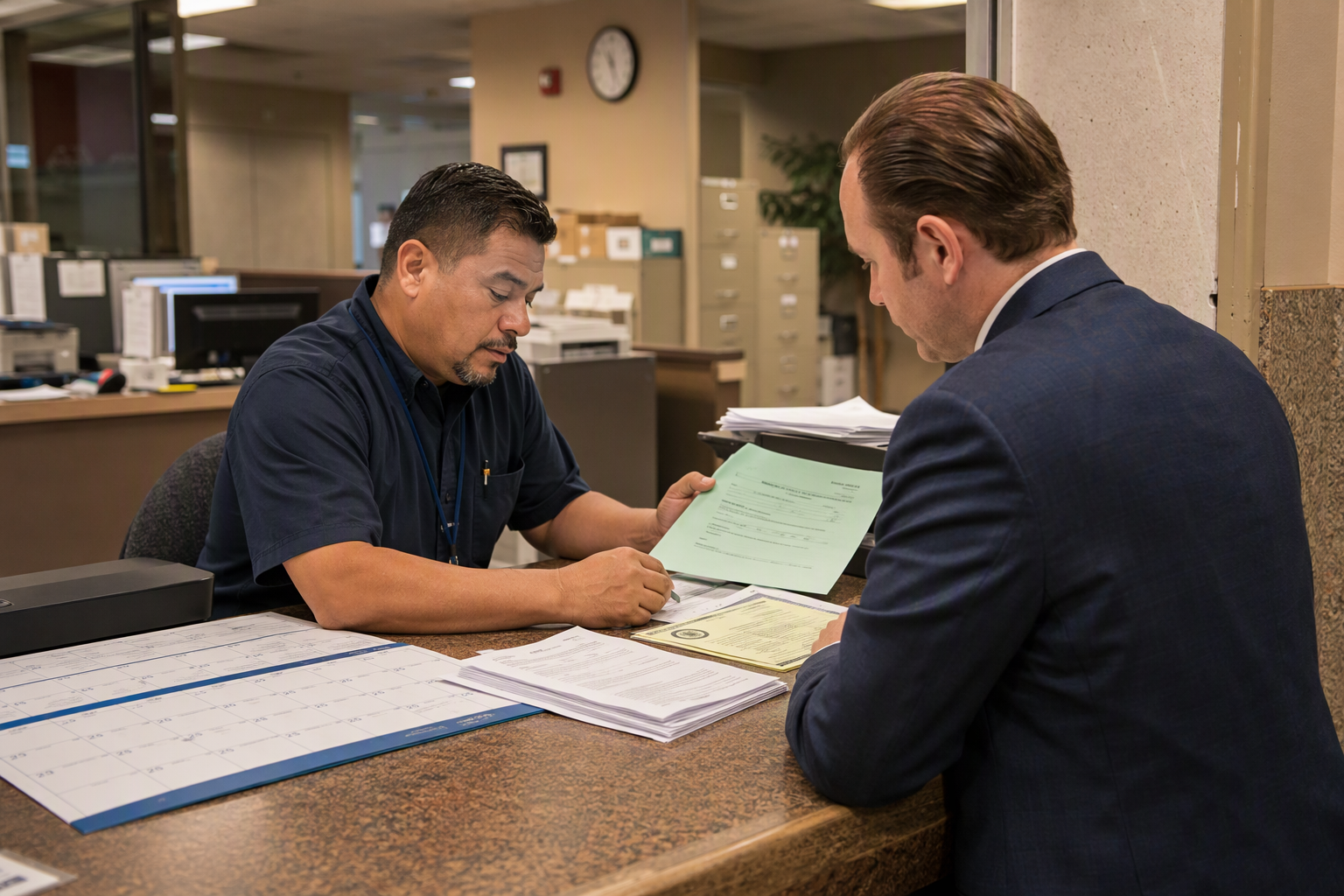 Property manager meeting with a Houston city official to navigate elevator inspection requirements under Houston's independent elevator program separate from TDLR