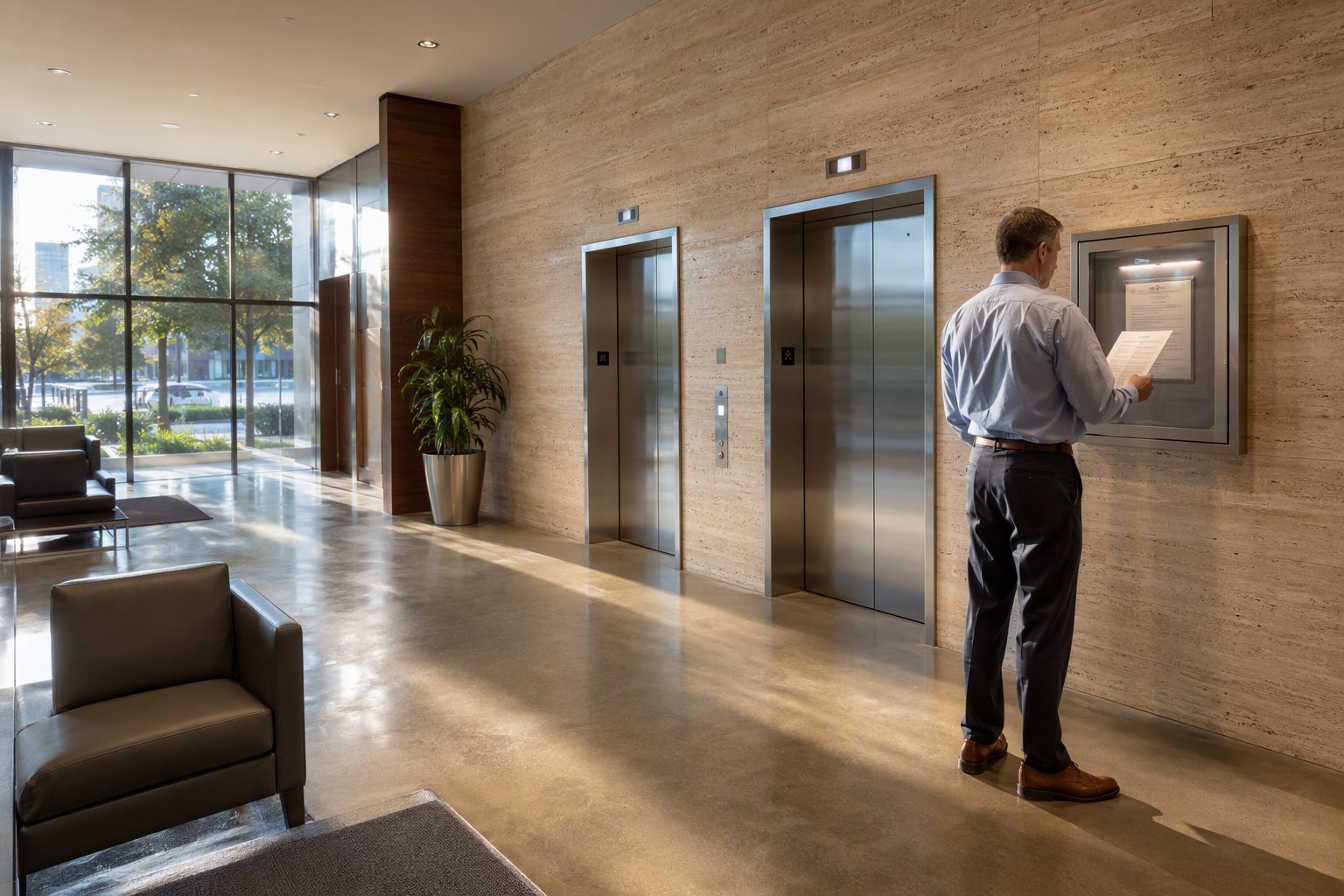 Building manager reviewing an elevator Certificate of Compliance posted in a Houston Texas office building lobby near TDLR-regulated elevator doors