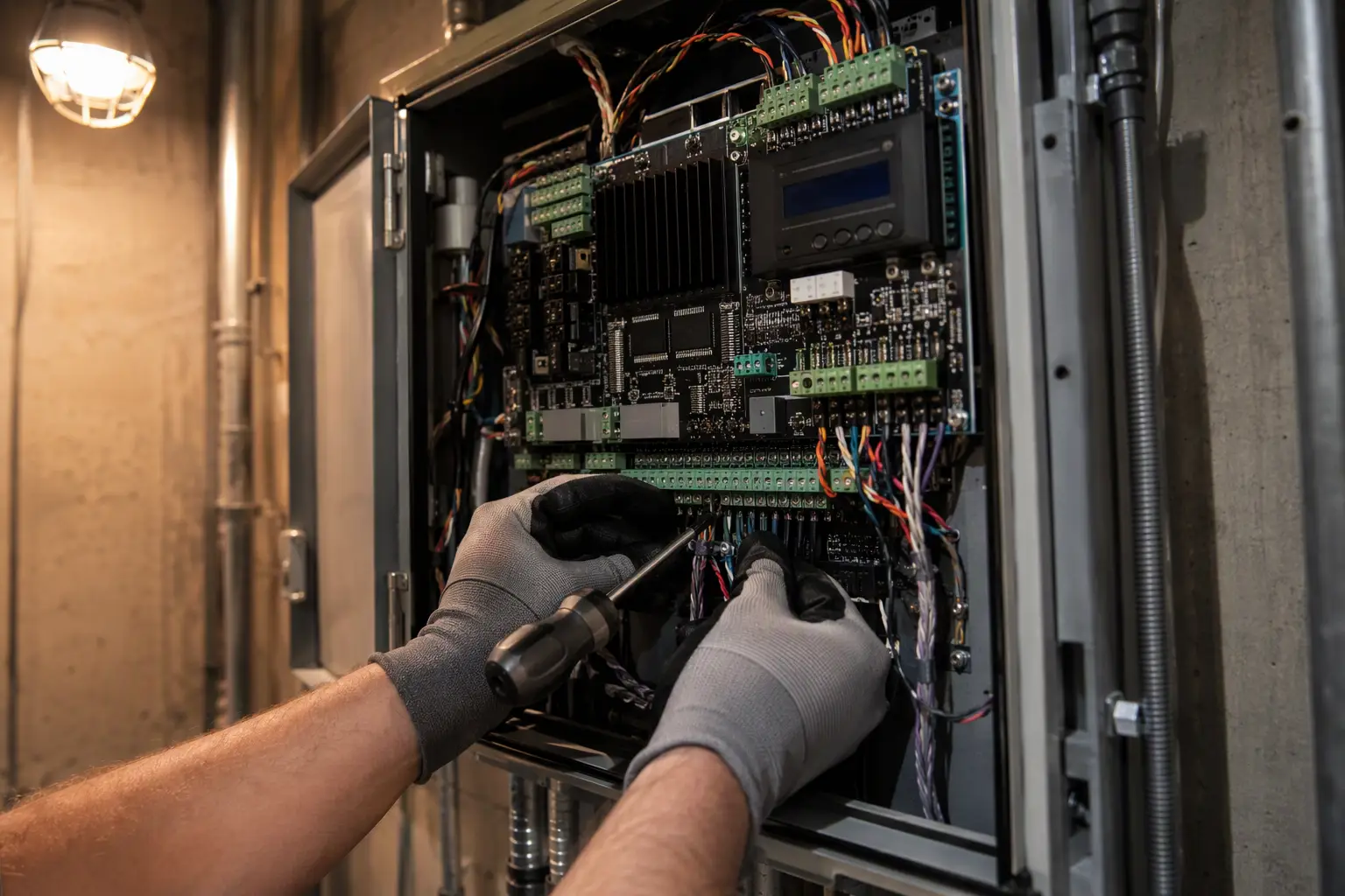 Elevator technician servicing a modern controller cabinet during a permitted controller replacement or upgrade in a Texas commercial building machine room