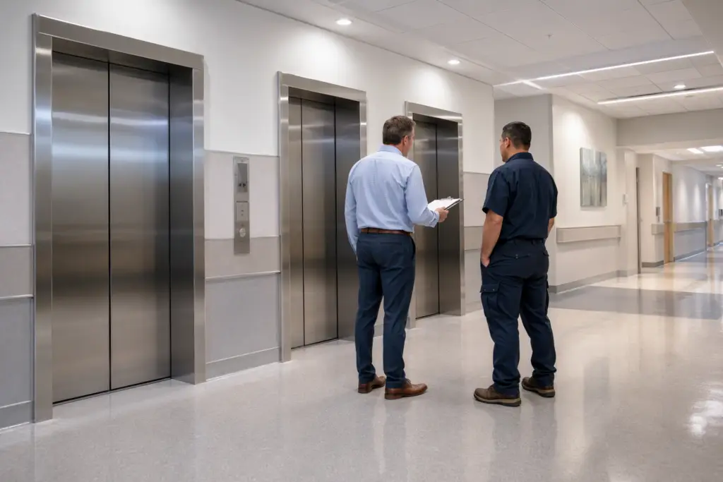 Hospital facility manager and elevator technician reviewing elevator modernization scope in a Houston medical center corridor before December 31 deadline