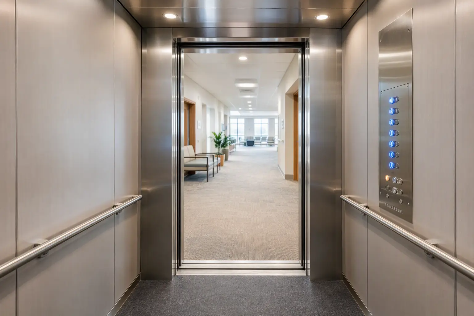 ADA-compliant elevator cab interior with Braille control panel and stainless handrails after modernization in a San Antonio or Houston healthcare facility