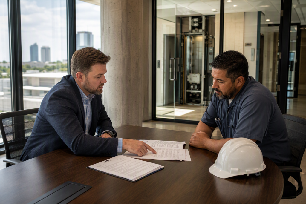 Building manager and licensed elevator contractor reviewing an inspection report and signed service contract before proceeding with elevator repair in a Houston office building.