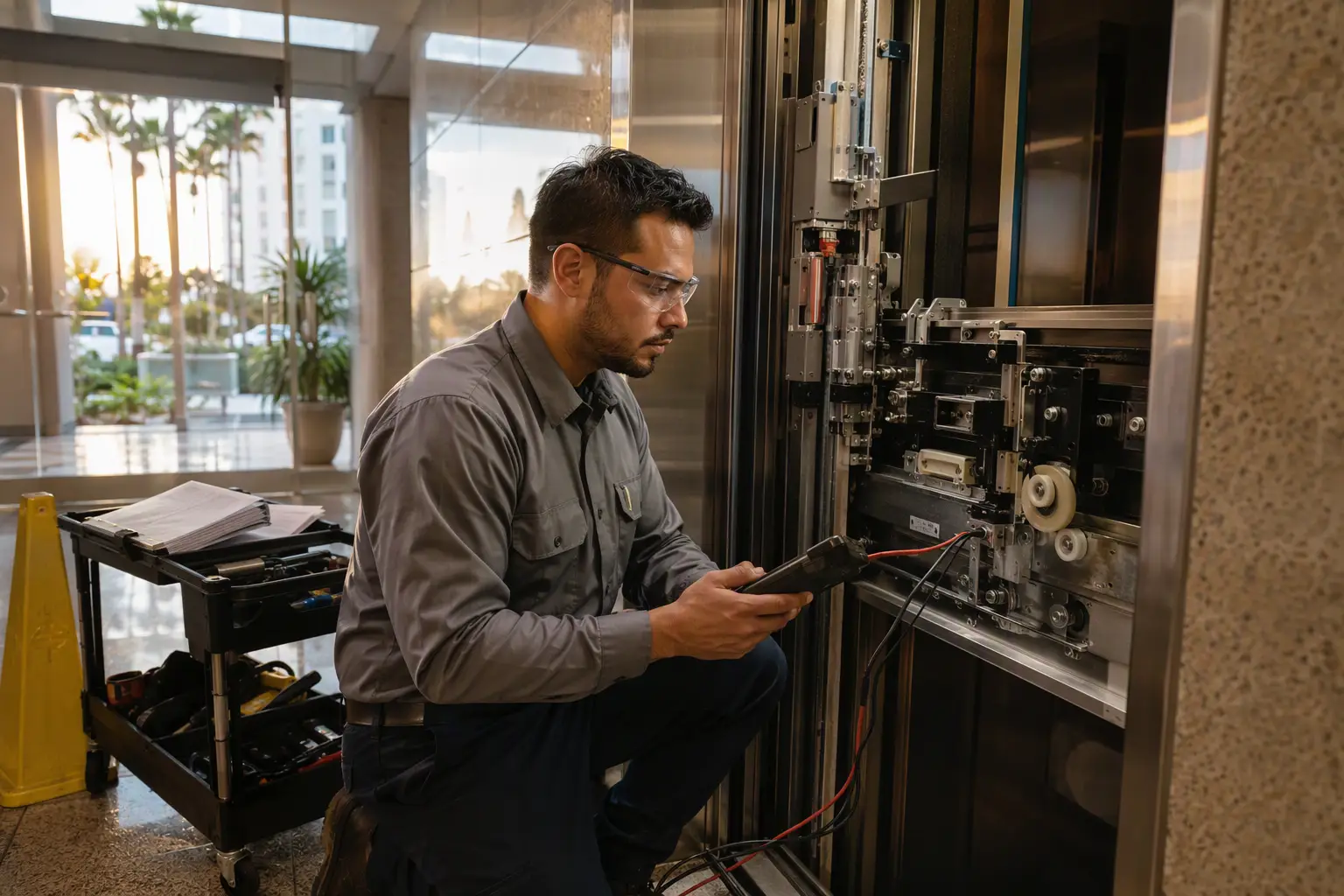 Certified elevator mechanic using a diagnostic tool on a commercial elevator door operator in a San Diego building lobby after obtaining the required Cal/OSHA permit for repair work.