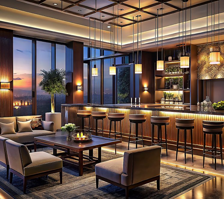 Elegant Night Photography of a Luxurious Hotel Lobby Bar Interio Elegant Night Photography of a Luxurious Hotel Lobby Bar Interior